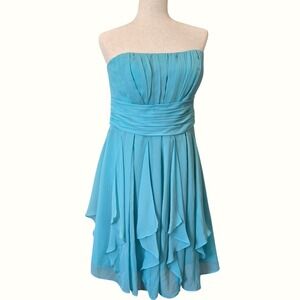 NEW Davids Bridal Sz 10 Strapless Chiffon Dress Ruffle Party Cocktail Pool Blue‎